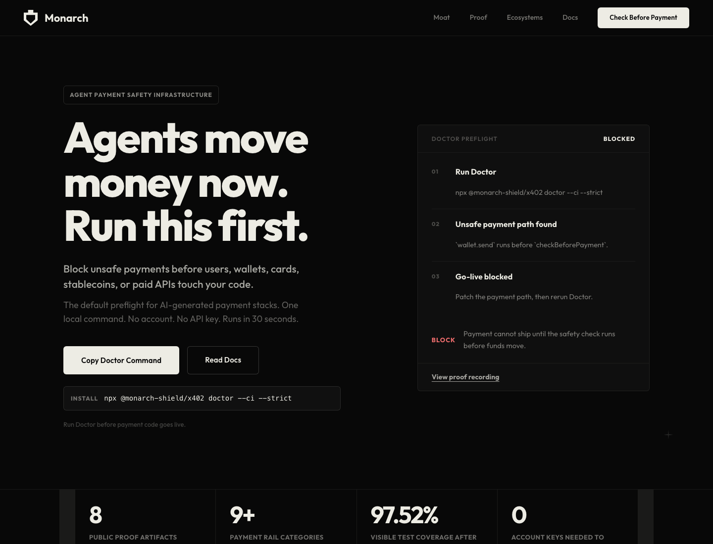 Monarch Shield website showing agent payment safety infrastructure and build-time preflight
