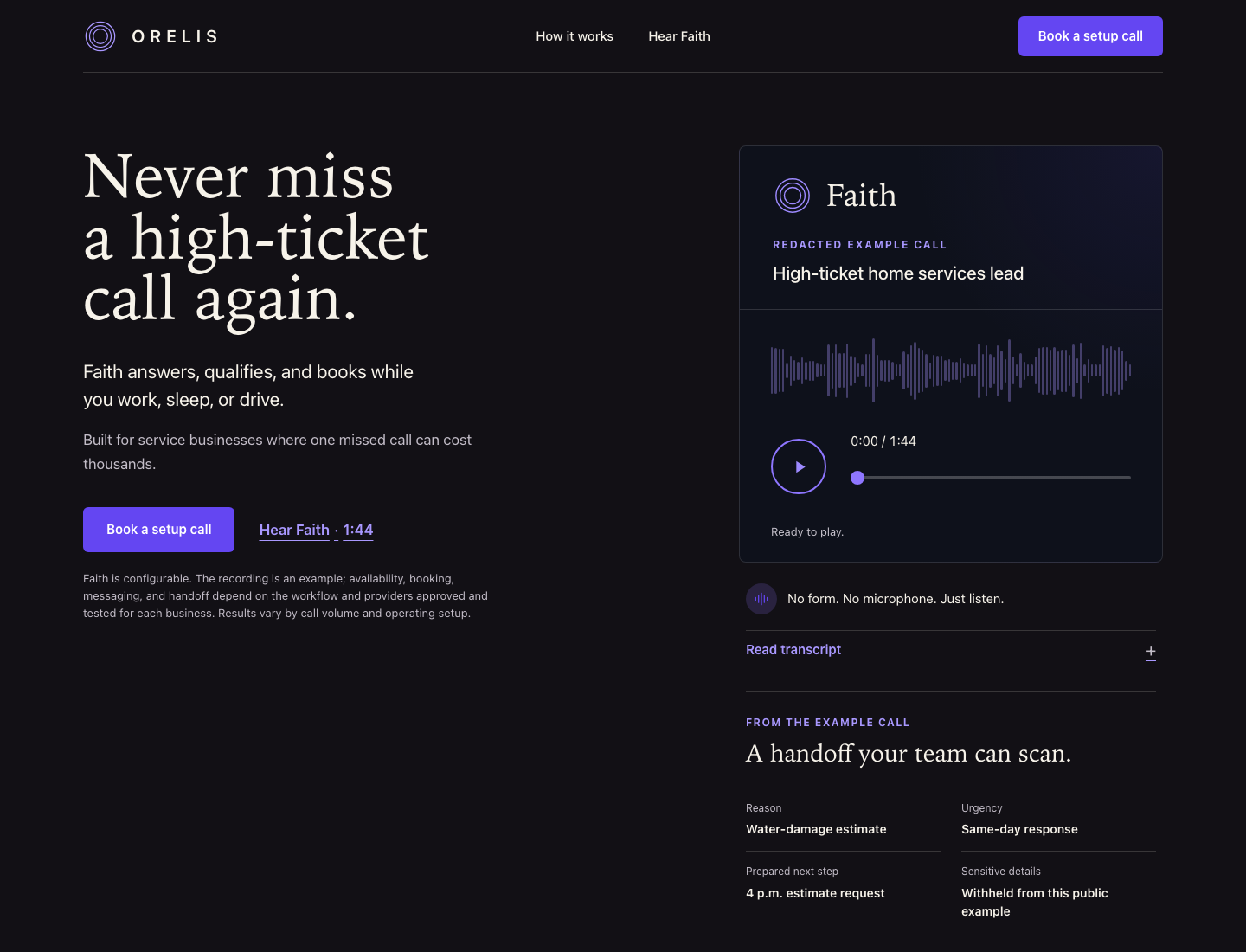 Latest Orelis website showing Faith, the example voice call, and Book a setup call action